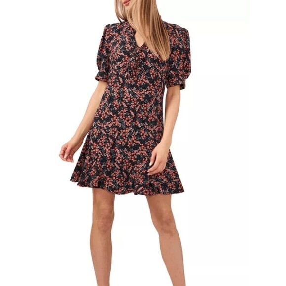 CeCe Women's Floral Puff Sleeve V-neck Printed Dress with Tie S - Picture 1 of 10